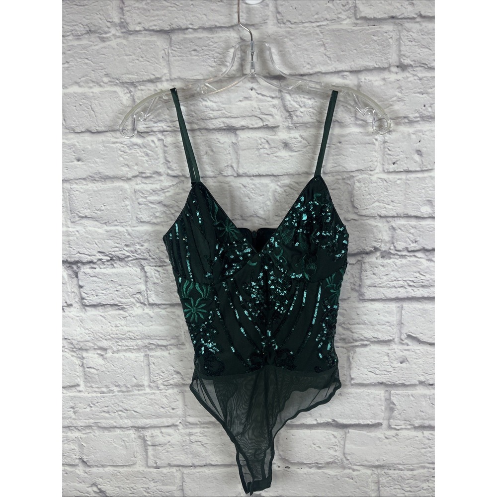 Lulus Y2K Fairycore Glam Emerald True Starlit Sequin Embroidered Bodysuit Small